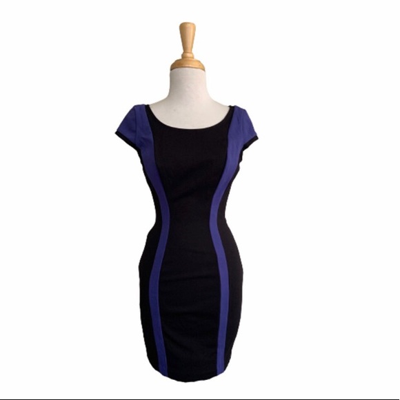 Guess Black w/ Purple Contoured Bands Cap Sleeve Mesh Panel Back Zipper Back 8 - Picture 2 of 8